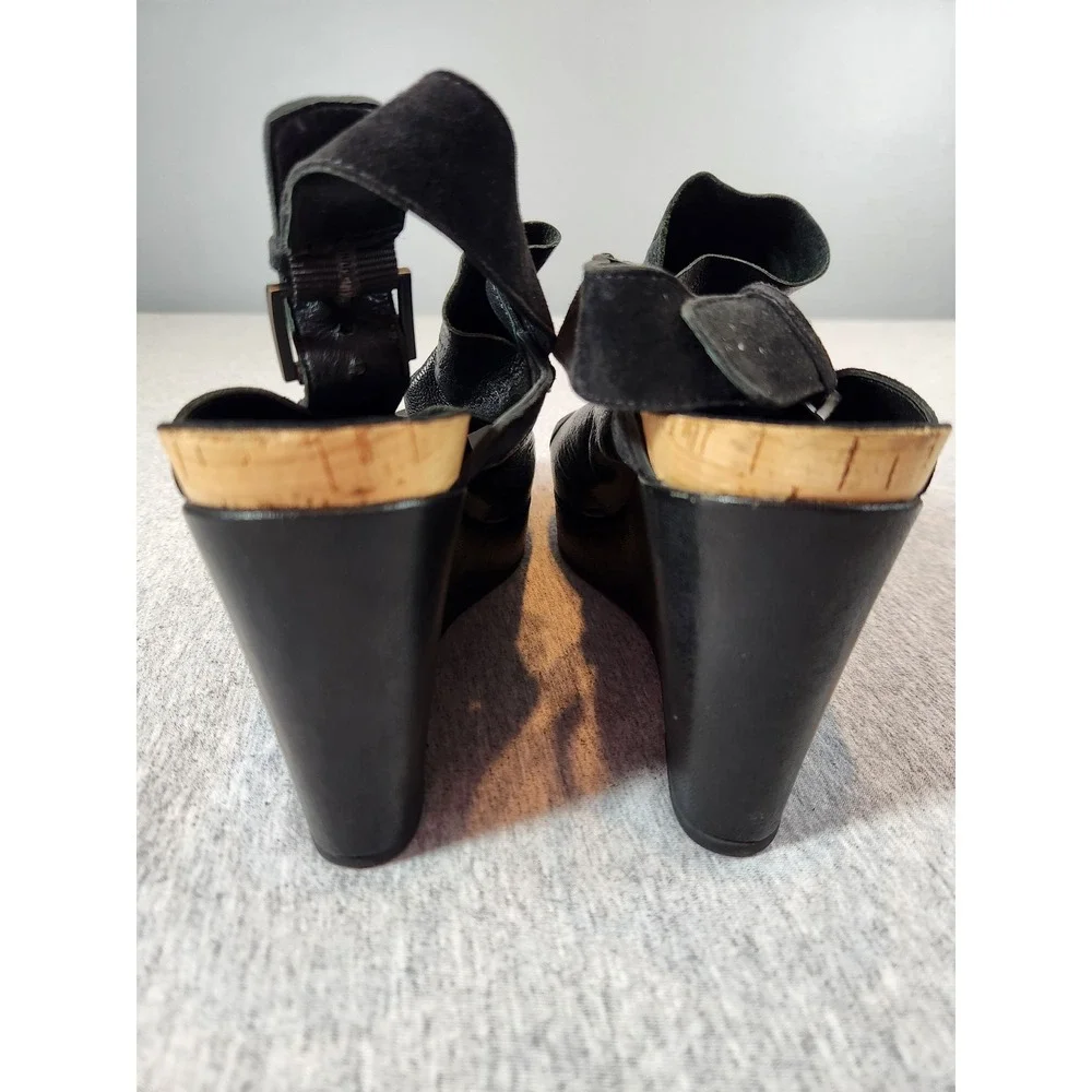 Eileen Fisher Wedge Sandals Womens 8 Black Leather Ruched Platform Slingback